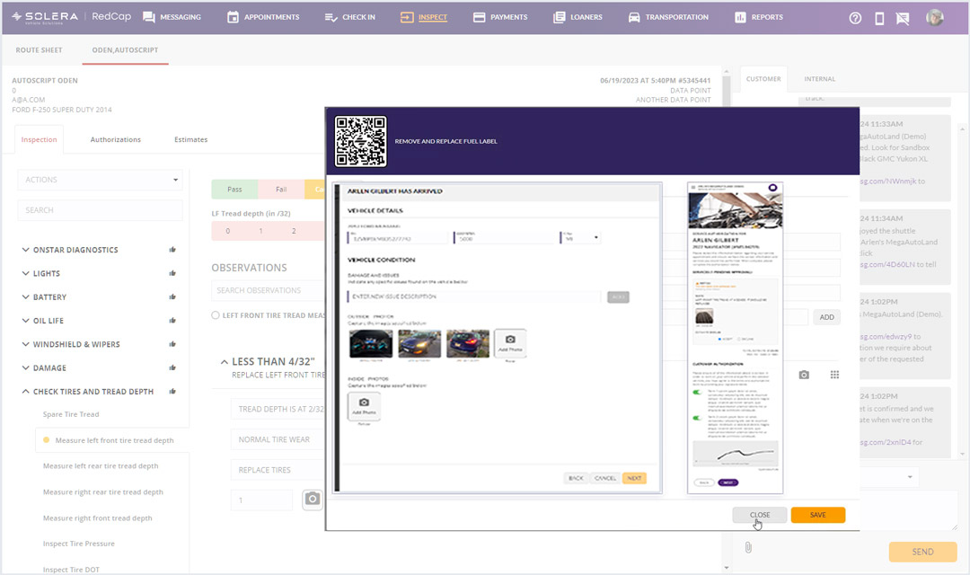 Inspect Core dashboard showing observations, recommendations, severity, photo and video capture, and customer messaging in one workspace
